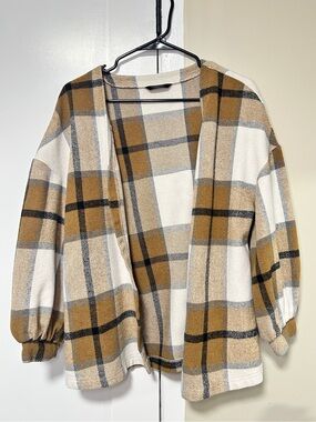 Cream, Black and Mustard Plaid Striped Cardigan